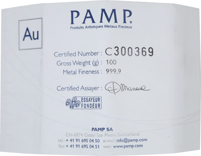 Goudbaar van 100 g PAMP Suisse