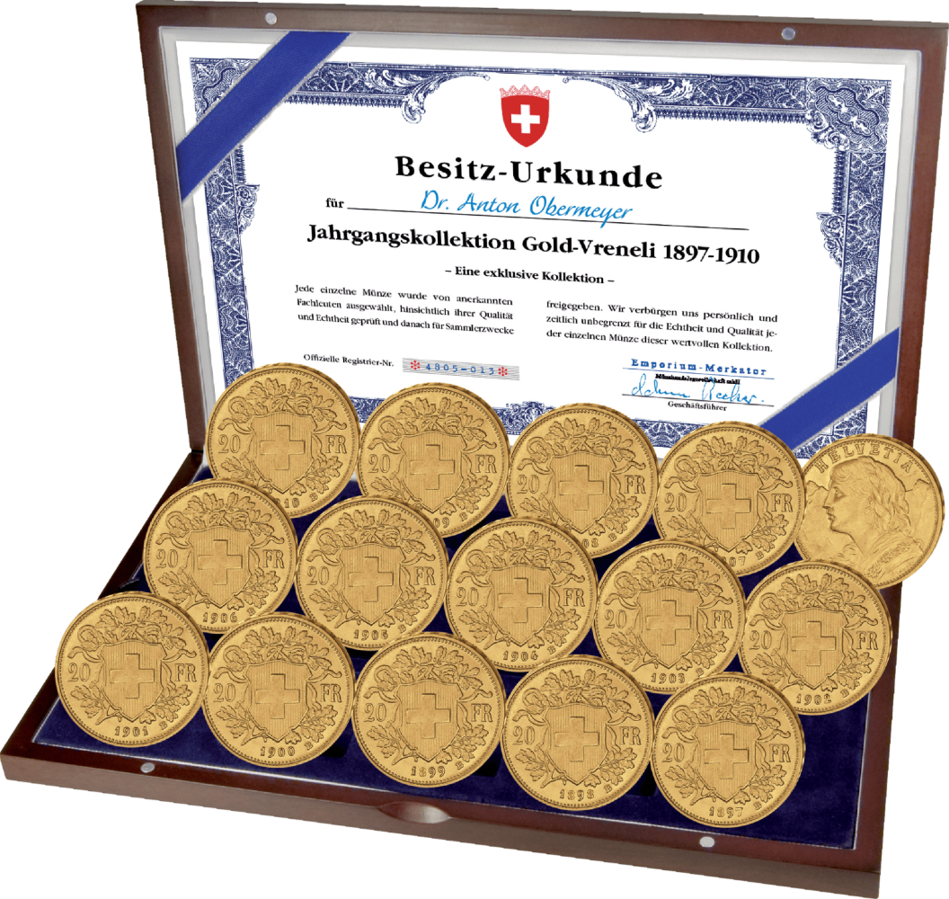 Gouden complete set van 14×20 Zwitserse frank Vreneli