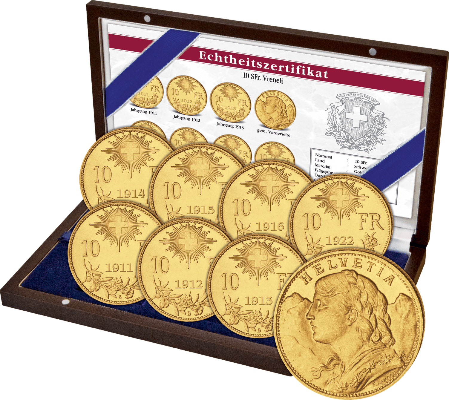 Gouden complete set van 7×10 Zwitserse frank Vreneli